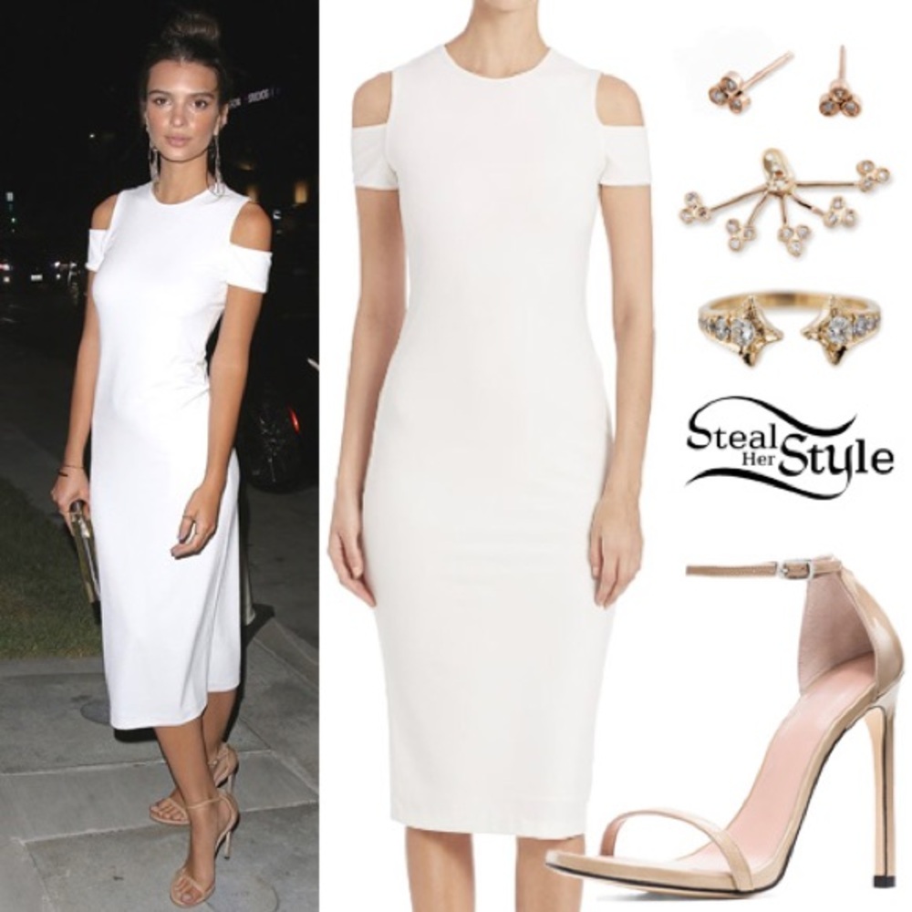 Alice + Olivia Off-The-Shoulder Stretch Meya Dress in Off-White cold shoulder